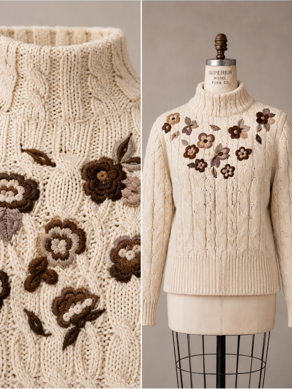 Vintage Liz Claiborne Collection Hand Knit Silk Blend Floral Cable Knit Sweater